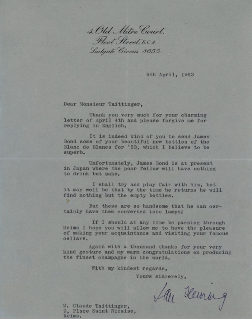Lettre Ian Fleming - Claude Taittinger - James Bond